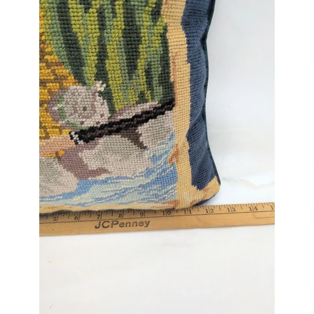 VTG Fly Fishing Fish Pillow Needlepoint Creel Outdoor Cottage Lakehouse Wool
